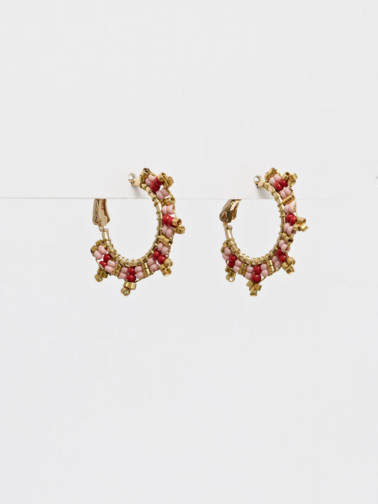 Boho red/pink beaded hoop earring