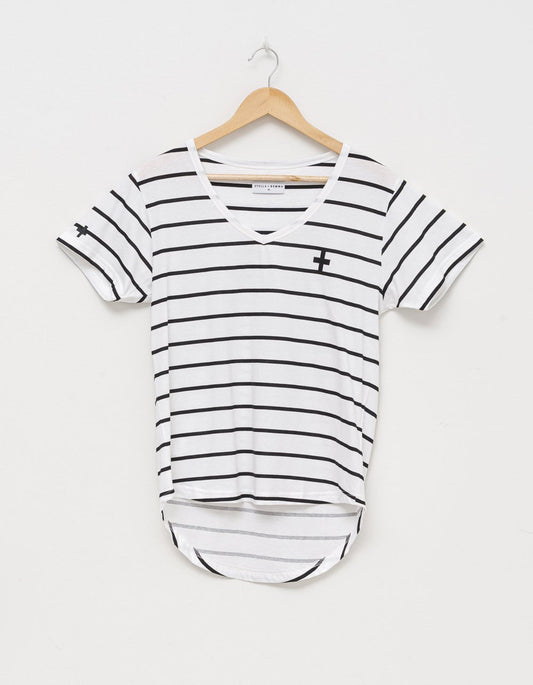 Black and white stripe V-Neck T Shirt